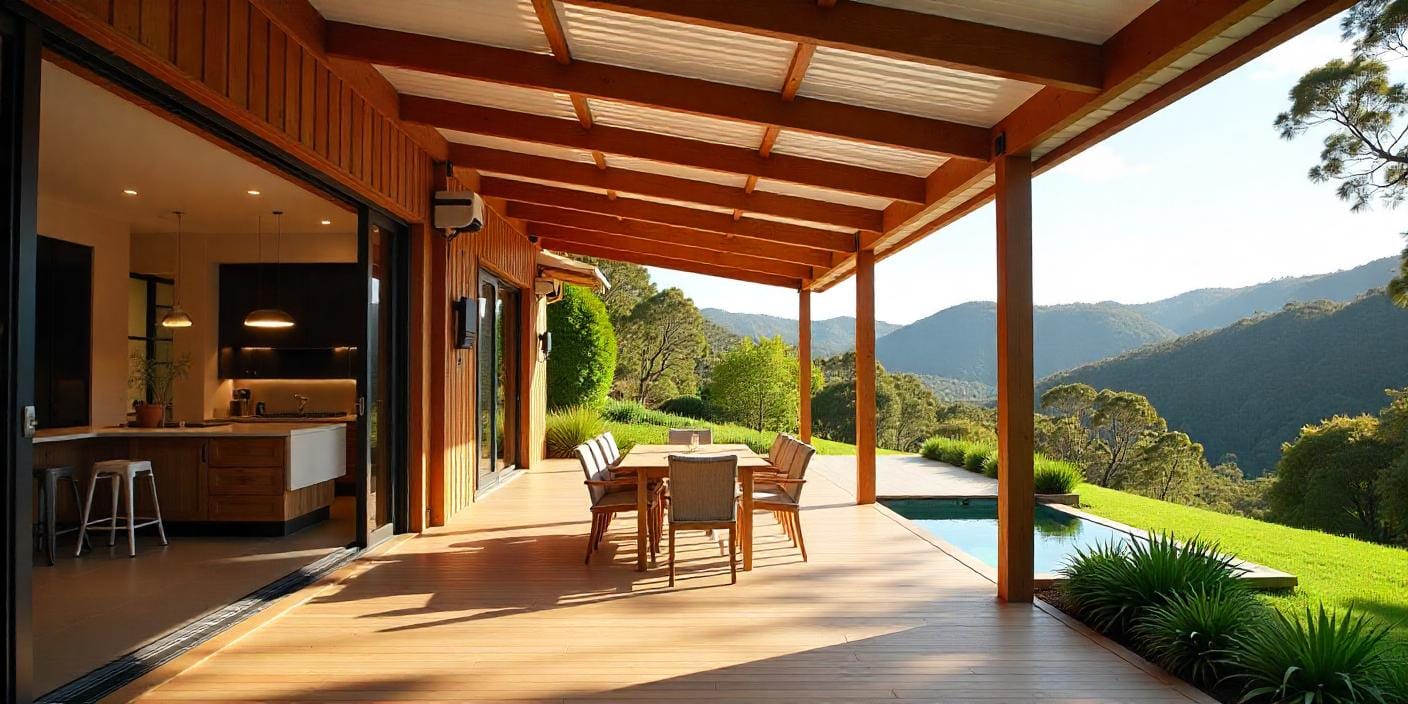 Residential patio in Mooloolaba QLD with timber verandah, insulated roof and hinterland views