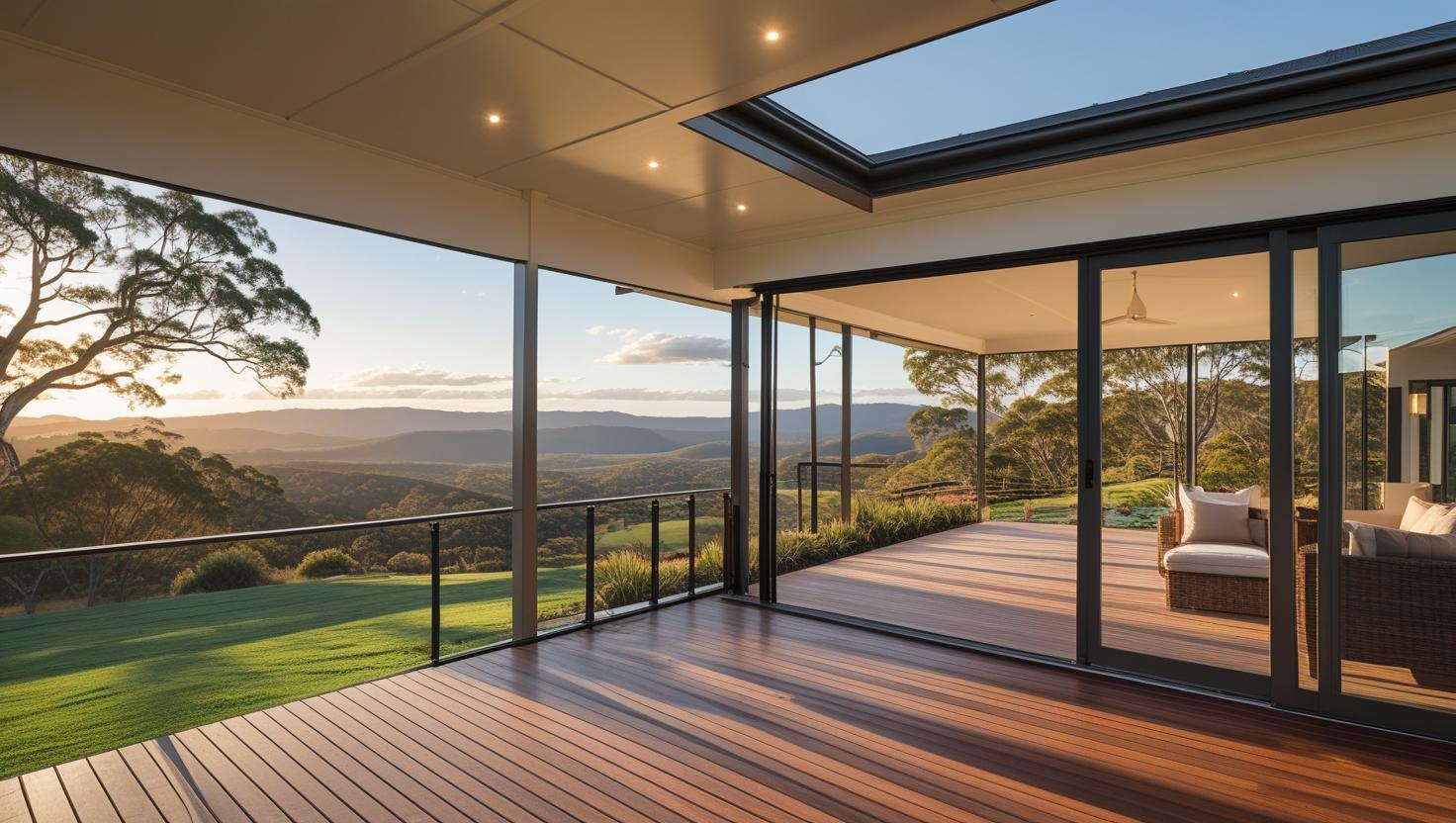 Custom elevated patio in Palmwoods QLD with timber decking, insulated skillion roof, and Blackall Range views amid rolling hills and native trees.