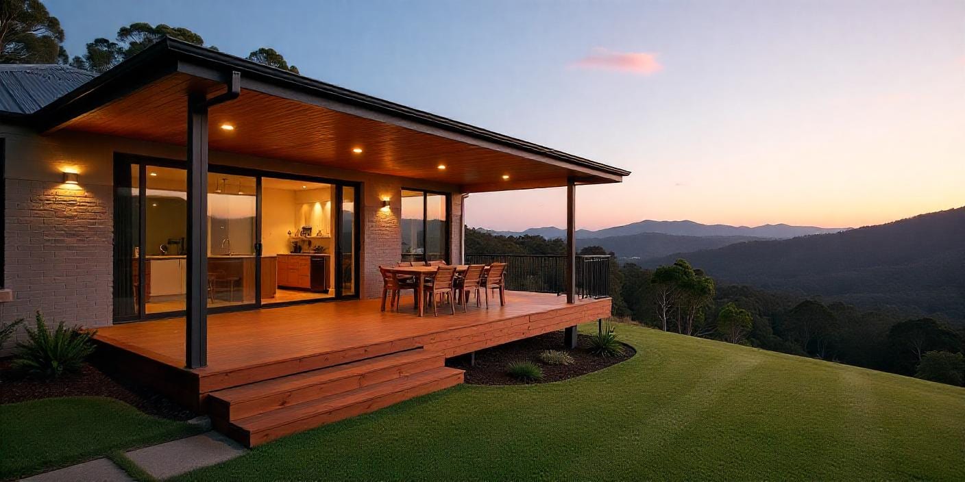 Custom elevated patio on a Palmwoods QLD property with timber deck and Blackall Range views