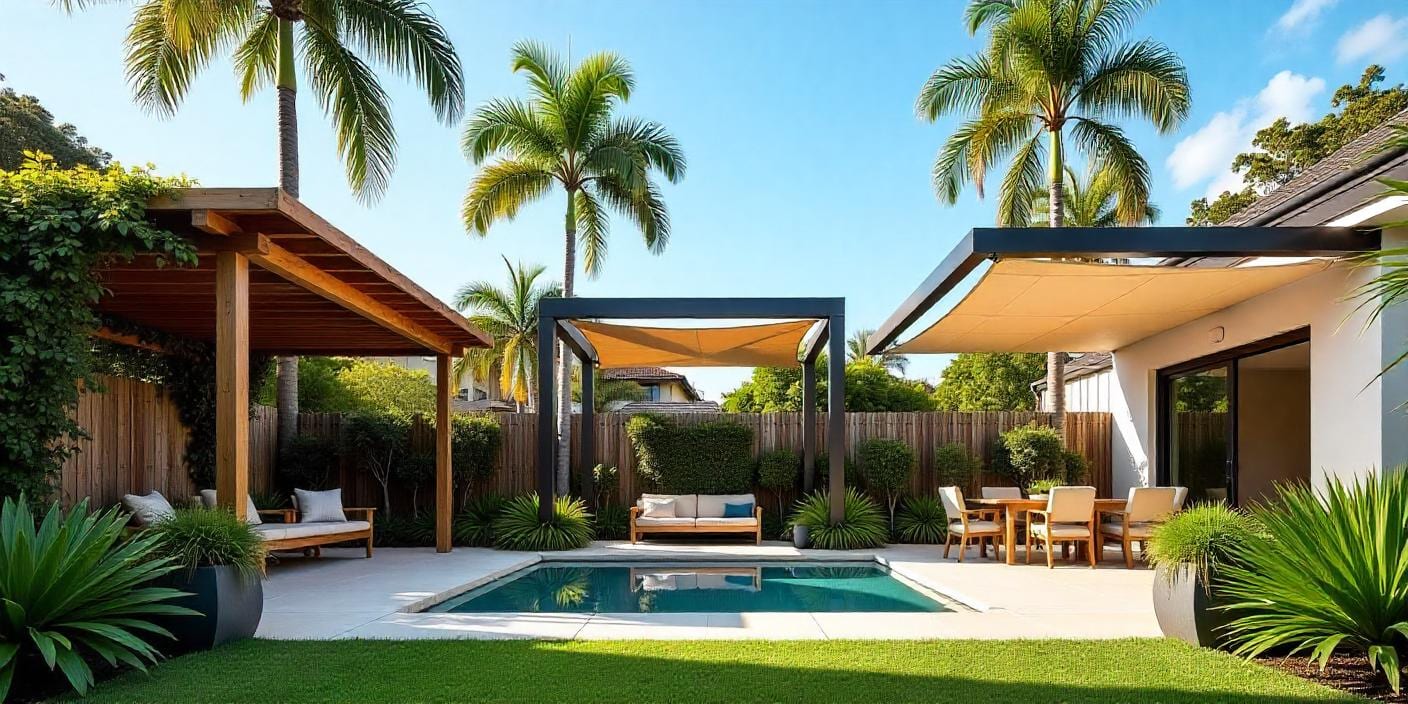 Diverse pergolas and shade structures in a lush Mooloolaba QLD backyard, timber and modern steel designs