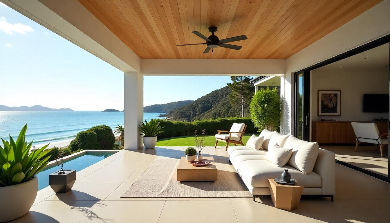 Luxury custom patio at Noosa Heads QLD home with insulated roof, timber or tiled flooring, elegant outdoor furniture, and coastal or hinterland views