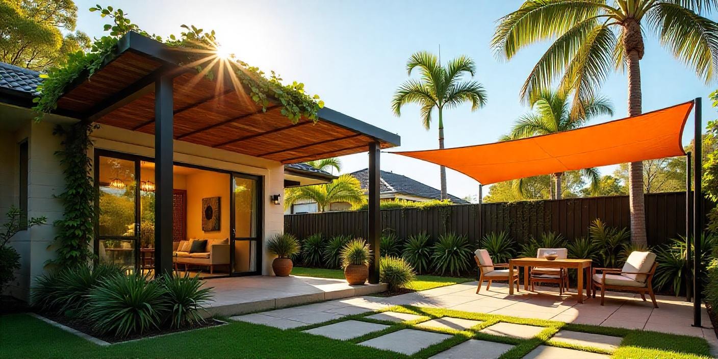 Outdoor living showcase with timber pergolas, modern steel designs and shade sails in a garden