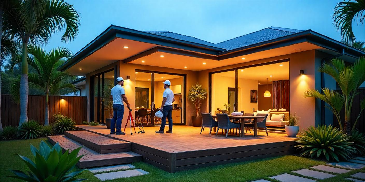 Palmwoods QLD patio builders crafting modern timber deck and insulated roof amid tropical landscaping and blue sky.