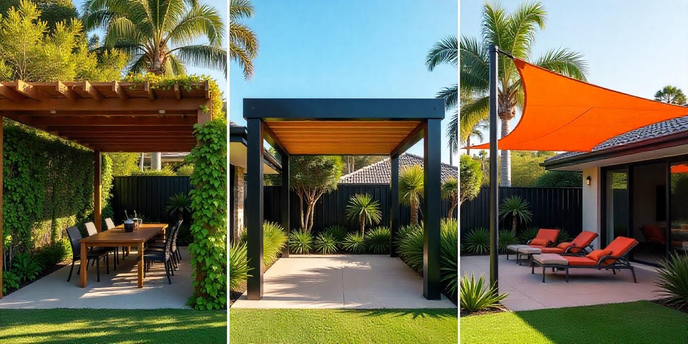 Outdoor living area with timber pergolas, modern steel designs and shade sails in Sippy Downs